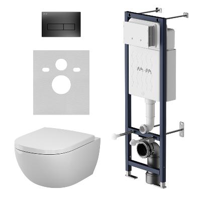 Унитаз подвесной безободковый с инсталляцией AM.PM Above IS110338.9X1900 сиденьем микролифт, черной механ. клавишей