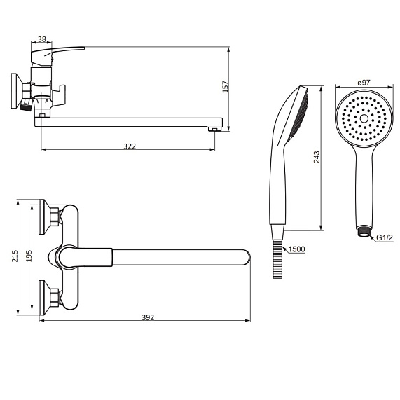 Смеситель для ванны и душа Damixa Eclipse 2.0 489500000 длинный излив, душевая лейка, шланг 1500, хром-3