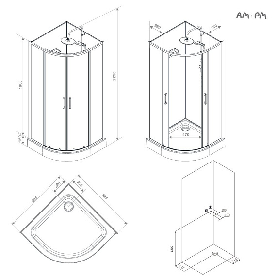 Душевая кабина 90x90 AM.PM Above W9XC-401-9090MT профиль серебристый, низкий поддон-12