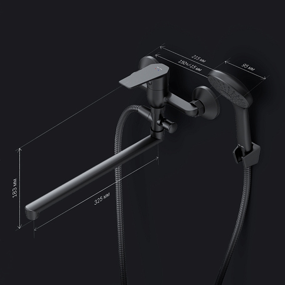 Смеситель для ванны и душа AM.PM Gem F90A90122 длинный излив, душевая лейка, шланг 1500, черный-7