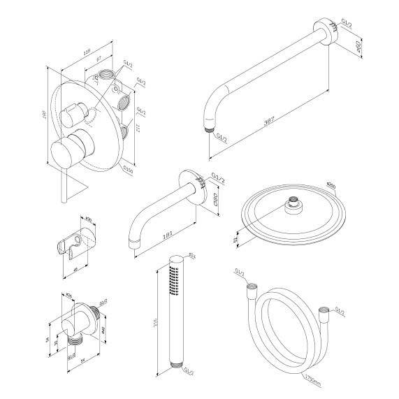 Встраиваемая душевая система Damixa Scandinavian Pure 936510300 черная: тропический верхний душ, ручной душ, излив-6