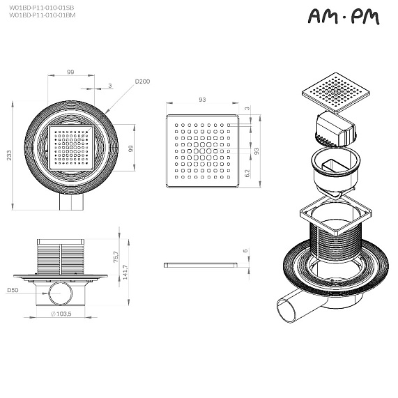 Душевой трап 10x10 AM.PM MasterFlow W01BD-P11-010-01SB комбинированный затвор со стальной матовой решеткой-11