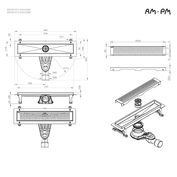 Душевой трап (лоток) 40 AM.PM MasterFlow W01SC-P11-040-01BM комбинированный затвор с черной матовой решеткой-11