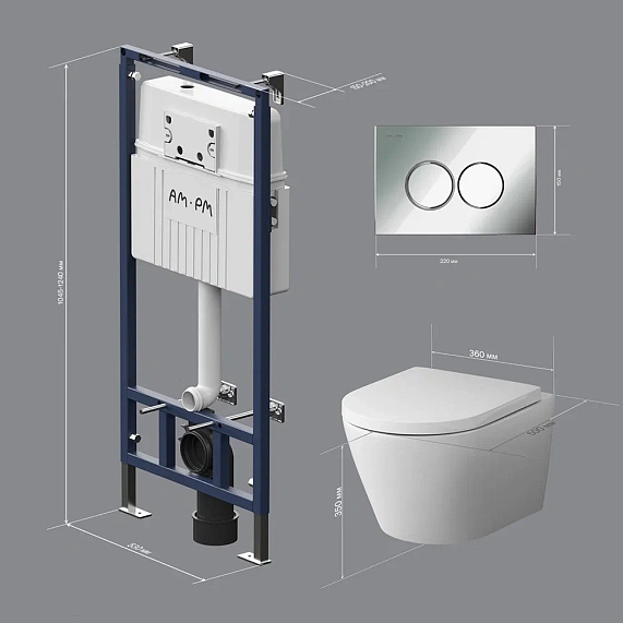 Унитаз подвесной безободковый с инсталляцией AM.PM Sense IS100151.741701 сиденьем микролифт, хром механ. клавишей-9