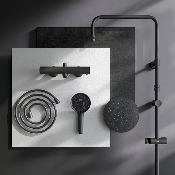 Душевая система AM.PM X-Joy F0785A422 стойка с тропическим душем, термостатом, смесителем, черная матовая-11