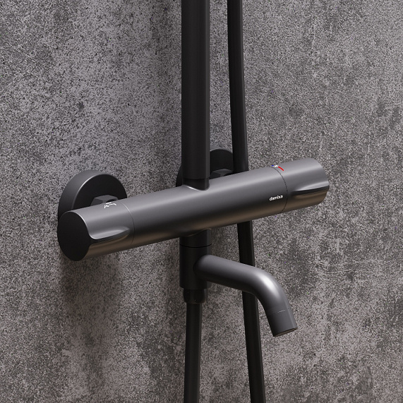 Душевая система Damixa Scandinavian Pure 936810300 стойка с тропическим душем, термостатом, смесителем, изливом, черная матовая-2