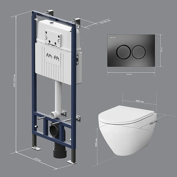 Унитаз подвесной безободковый с инсталляцией AM.PM Spirit 2.0 IS100138.701700 сиденьем микролифт, черной механ. клавишей-9
