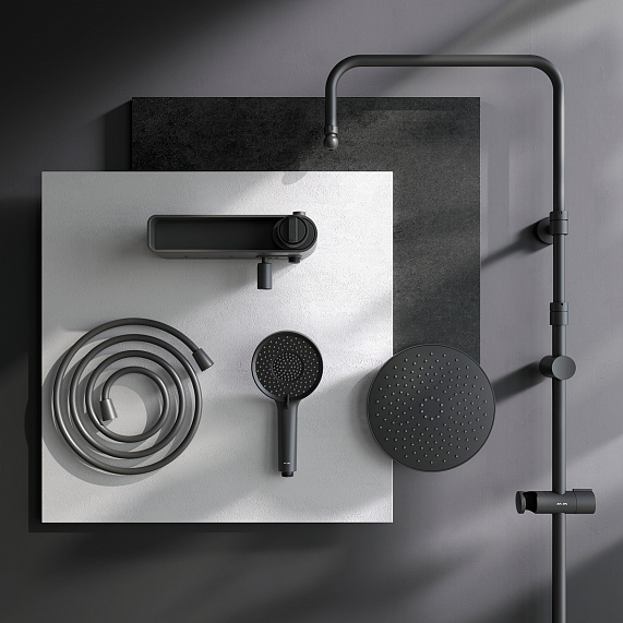 Душевая система AM.PM X-Joy F0785A722 стойка с тропическим душем, смесителем, изливом, черная матовая-11