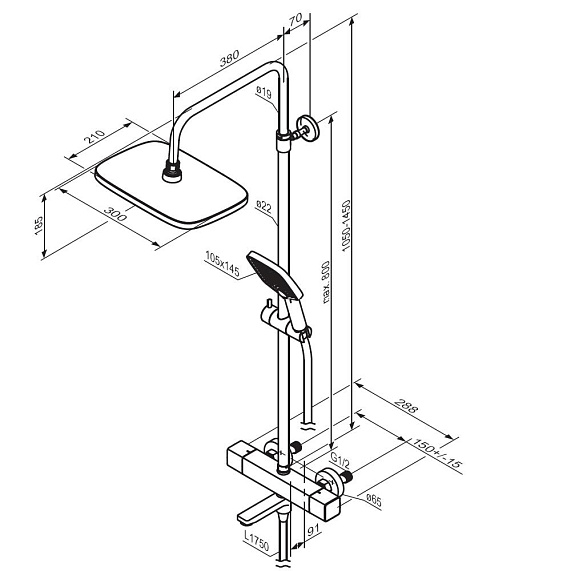 Душевая система Damixa Gala 953810300 стойка с тропическим душем, термостатом, смесителем, черная матовая-6