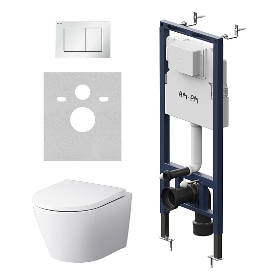 Унитаз подвесной безободковый с инсталляцией AM.PM X-Joy IS130201.851900 торнадо, сиденьем микролифт, белой механ. клавишей-1