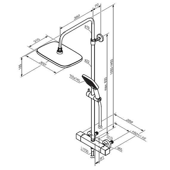 Душевая система Damixa Gala 953800300 стойка с тропическим душем, термостатом, смесителем, черная матовая-7